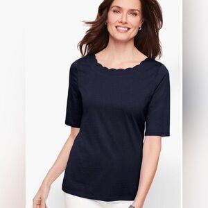 NWT Talbots Pima Cotton Scallop Neck Elbow Sleeve Tee Petite P Indigo Blue
